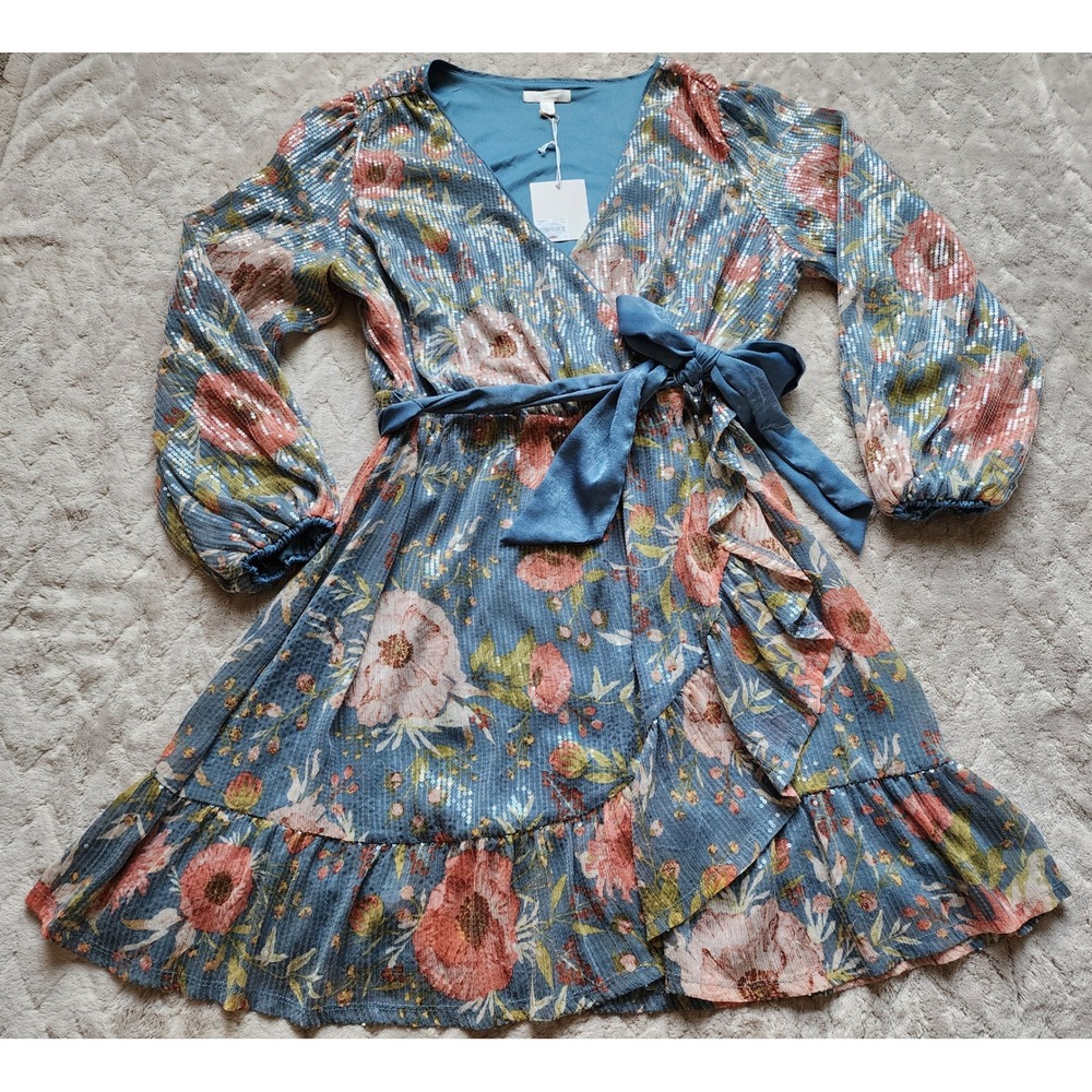 LC Lauren Conrad Floral Sequin Faux Wrap Mini Dress Blue Womens Large - Picture 4 of 7